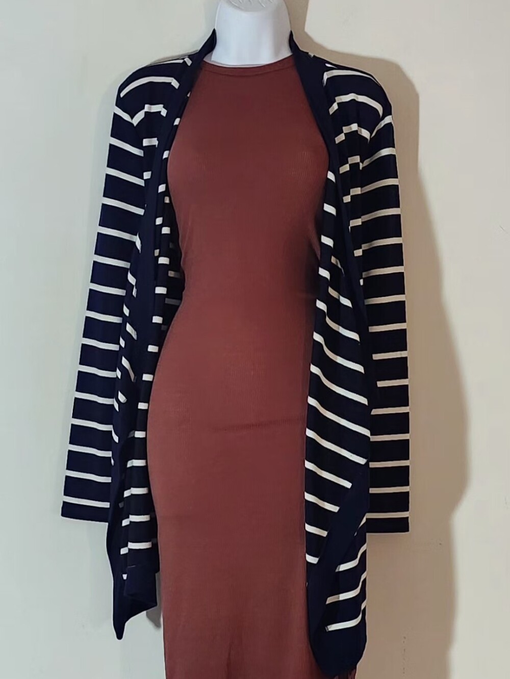 Lauren Ralph Lauren Striped Open-Front Draped Cardigan Size:PL Color:Navy Blue/W